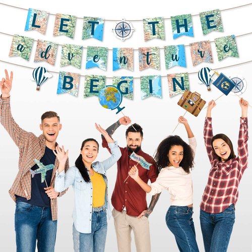 52 PCS Travel Themed Party Decorations Set Let the Adventure Begin Banner Centerpieces Sticks Hanging Swirls for Bon Voyage Retirement Farewell Party World Awaits Birthday Baby Shower Decor Supplie