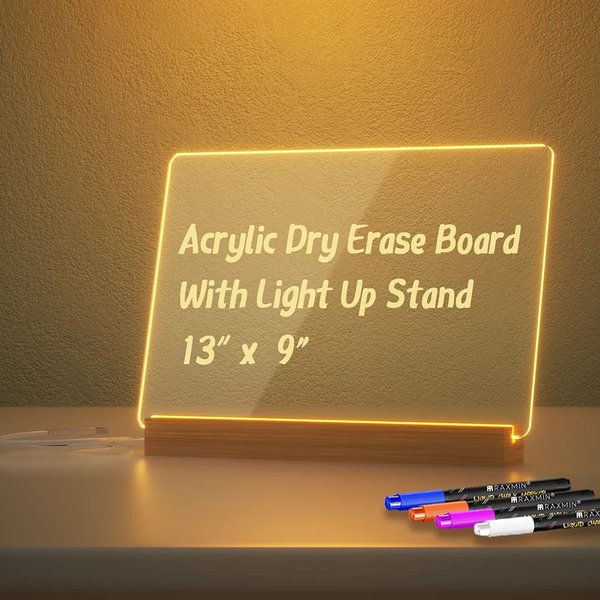 Acrylic Dry Erase Board with Light Up Stand for Desk 13 x 9 inch Clear Desktop Note Memo White Board Notepad Table LED Letter Massage Boards for Personal Creative Use Includes Dry Erase Markers