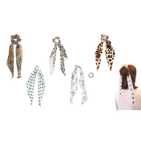 Hair Scarf Scrunchies with Tails – Elasticized Ponytail Holder Hair Bands for Women – Soft, Snag-Free Scrunchy Hair Ties Made of Washable Chiffon Silk with Durable Rubber Band [Set of 5]