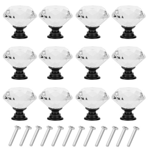 D-buy 12 Pack 40 mm Drawer Pulls Dresser Knobs Drawer Knobs Drawer Handles Crystal Knobs Drawer Pulls and Knobs Cabinet Door Knobs Glass Knobs with Screws (Black)
