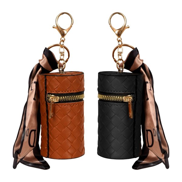Philo Fun 2 Pack Lipstick Organizer Case – Boho Braided Design with Scarf Accent, Portable Cylinder Travel Lip Gloss Balm Holder with Zipper and Keychain, Black and Brown