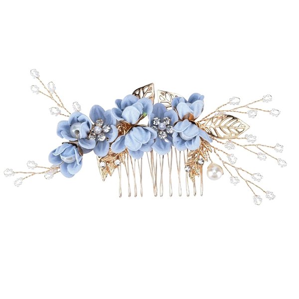 Wedding Hair Combs, Crystal Flwoer Hair Clips Bride Bridesmaid Hair Sides Comb Rhinestone Barrettes, Pearl Flower Hair Pins Hair Accessories for Women Girls (Light Blue)