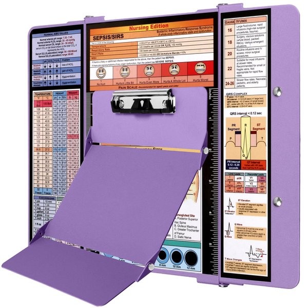 Nursing Clipboard Foldable,Nurse Clipboard 3 Layers Aluminum w/Nursing Medical Edition Cheat Charts, Foldable Nursing Clipboard w/Low Profile Clip,Pocket Clipboard for Students/Nurses/Doctors,Purple