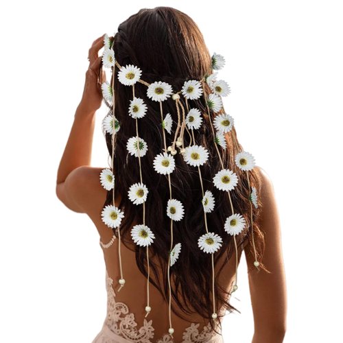 CHLINS Hippie Headband Flower Crown Bohemian Sunflower Headband Flower Headpiece Hippie Costume 60s 70s Outfits for Women (White)