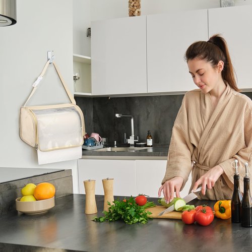 Kitchen Paper Towel Holder, Hanging Paper Towel Dispenser with Transparent Cover, Easy to Tear Papers Waterproof Papers Towels Holder for Kitchen Organization and Storage (Beige)