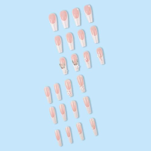 Foccna Long White Press on Nails French Fake Nails Full Cover Flower Design Coffin 3D Butterfly Acrylic False Nails for Women and Girls,24PCS