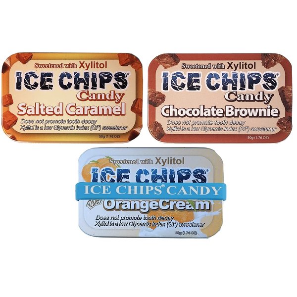 ICE CHIPS Xylitol Candy 3 Pack Assortment (Chocolate Brownie, Salted Caramel, Orange Cream)