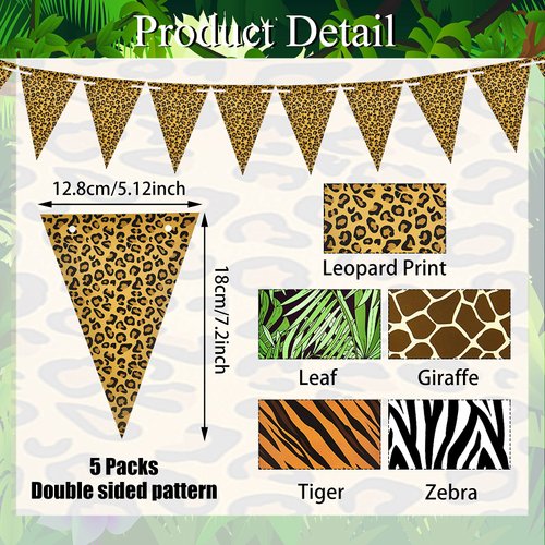 Tatuo 5 Pieces Animal Print Pennant Banner Safari Birthday Party Decorations Safari Banner Jungle Theme Party Supplies Jungle Triangle Flag Banner for Animal Zoo Jungle Decorations