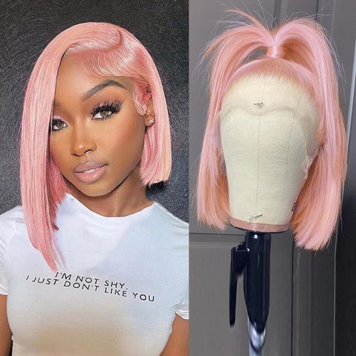 Msviki Pink Bob Wig Human Hair Pre Plucked With Baby Hair Pink 13x4 Lace Front Short Bob Wigs for Women 180% Density HD Transparent Lace Frontal Brazilian Hair Wigs 12inch