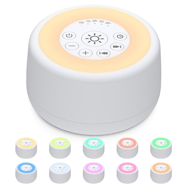 Sleepbox Sound White Noise Machine with 25 Soothing Sounds and 10 Colors Warm Night Light 4 Brightness Levels 32 Volume Levels 5 Timer and Memory Function for Baby Kids Adults Seniors Sleeping (White)