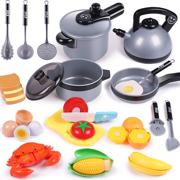 iPlay, iLearn Kids Kitchen Toy Accessories, Toddler Cooking Playset, Pretend Pots Pans Set, Girls Cookware Appliance, Child Cutting Food Utensils, Birthday Stocking Gift for 3 4 5 Years Old Boys-Gray