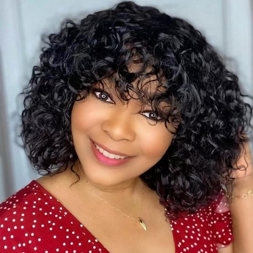 LYOLKSER hair human wigs short water wave wig with bangs 100 percent brazilian virgin human hair no lace front wigs wet and wavy human hair wig glueless wig 12 inch natural black color