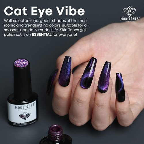 Modelones Cat Eye Gel Nail Polish- 6 Pcs 3 Colors 9D Magnet Black Blue Purple Glitter Holographic Gel Polish Set with Matte & Glossy Top Base Coat Soak Off LED Gel Kit Nail Art Manicure DIY Salon Home
