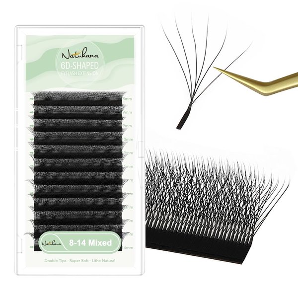 NATUHANA W Shaped Clover Eyelashes Extension 6D Premade Fans 0.07mm C Curl 8-14 Mixed Tray Volume Lash Cluster W Lashes Supplies Automatic Blooming Flower Lash Extensions (6D black ; 0.07 C,8-14 MIX)