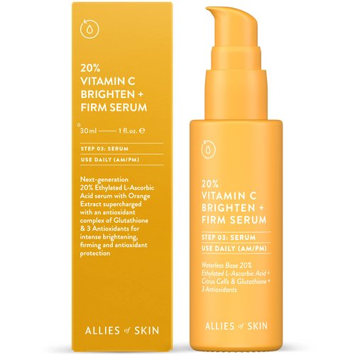 Allies of Skin 20% Vitamin C Brighten + Firm Serum: 20% Ethylated L-Ascorbic Acid + Orange Extract Complex with Glutathione. Firms & Intensely Brightens. For Smooth, Elastic Skin 1 oz / 30 ml