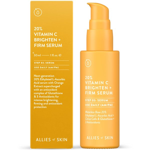 Allies of Skin 20% Vitamin C Brighten + Firm Serum: 20% Ethylated L-Ascorbic Acid + Orange Extract Complex with Glutathione. Firms & Intensely Brightens. For Smooth, Elastic Skin 1 oz / 30 ml