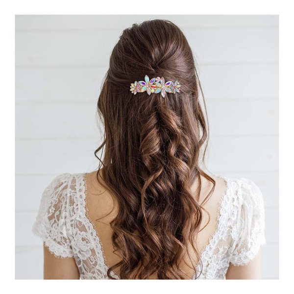 EVER FAITH Wedding Austrian Crystal 4 Daisy Flower Hair Clip, Marquise Round Rhinestone Hair Barrette for Woman Girl Iridescent AB Gold-Tone