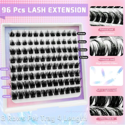 Fluffy Lash Clusters DIY Lash Extensions 96 Pcs Cluster Eyelash Extensions Natural D Curl Individual Lashes Cluster 10-16mm Thin Band & Soft Eyelash Clusters by FOINEMYED