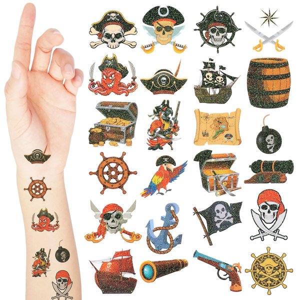 Landhoow 240 Pcs Pirate Tattoos Temporary for Kids Glitter Face Tattoos Cool Body Sticker Costume Accessory Tattoos for Adults Boys Girls Party Favor