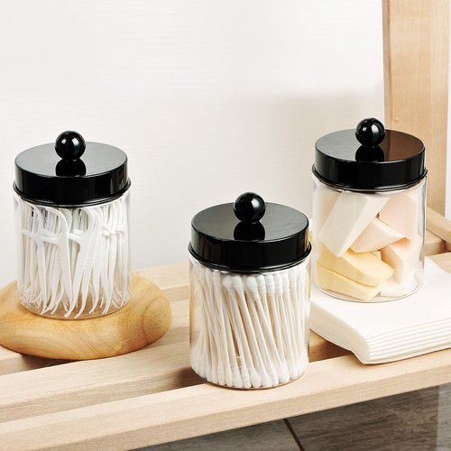 Apothecary Jars Bathroom Vanity Storage Organizer Set -Countertop Canister Plastic Acrylic Jar - Farmhouse Decor Qtip Holder for Cotton Swabs,Makeup Sponges,Flossers,Paper Clips -Black(2)