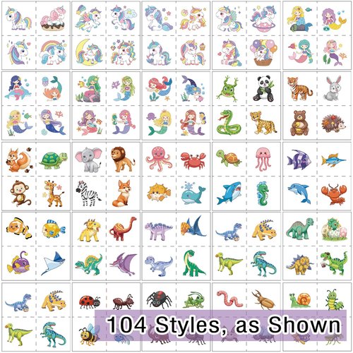 104 PCS Kids Temporary Tattoos for Party Supplies, Dinosaur Unicorns Mermaid Animal Temp Tattoo Stickers for Kids Girls Boys Birthday Party Favors Activities
