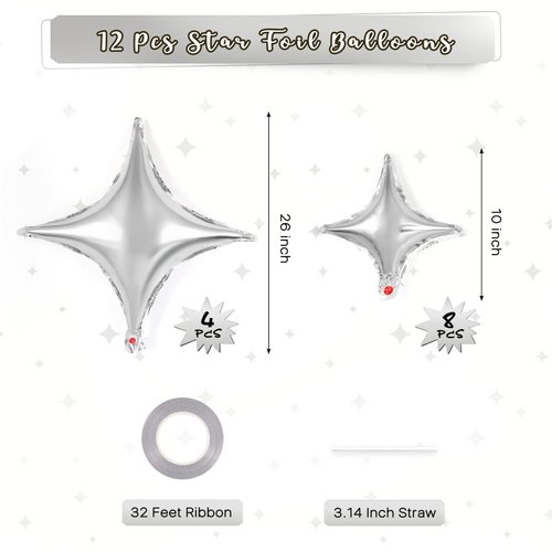 12 Pcs Four Angle Star Balloons,26 Inch and 10 Inch Silver Star Foil Balloons,Quadrangle Balloon Mylar Balloons Helium Balloons for Birthday Party Anniversary Wedding Baby Shower Decorations (Silver)