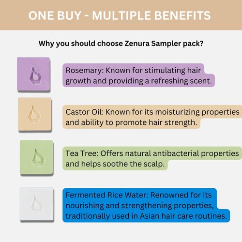 ZENURA Natural Shampoo Bars Sampler, Rosemary, Tea Tree, Castor oil and Rice Water with Coconut Oil, Solid 8 pcs Travel Bar, All Safe Ingredients, Paraben Sulfate & Cruelty Free