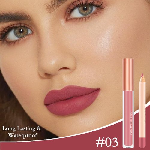 BINGBRUSH Colors Liquid Matte Lipstick and Lipliner Pack Set, Lip Tint Long Lasting 24 Hour Waterproof Velvet Nonstick Cup Lipgloss Lip Stain Pigmented Lip Makeup Gift Sets (1Pc 03#)