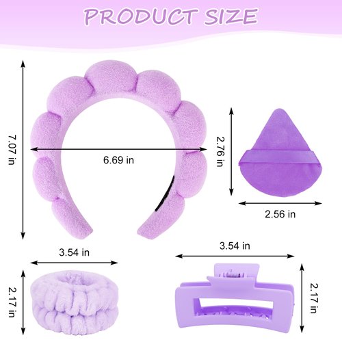 ACO-UINT 6Pcs Purple Spa Headband and Wrist Washbands Set, Skincare Headband Face Wash Headband Makeup Headband, Hair Claw Clip and Powder Puffs for Women and Girls