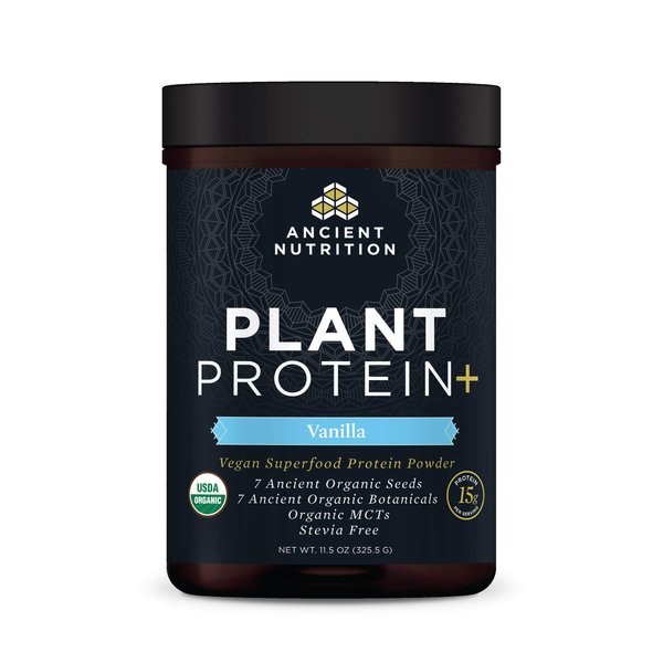 Ancient Nutrition Organic Plant Protein +, Vegan Plant Based Protein Powder, Vanilla, Dairy-Free, Gluten-Free, Non-GMO, No Sugar Added, Paleo Friendly Supplement 11.5 oz
