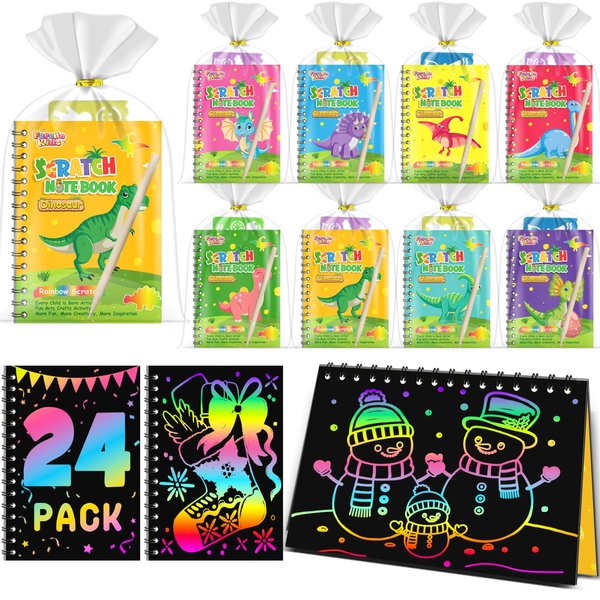 Party Favors Birthday Gifts for Kids: 24 Pack Scratch Art Notebook Party Favors for Kids Goodie Bags Stuffers Girls Boys Art Craft Kit Birthday Gifts for Classroom Prizes Christmas Gifts - Dinosaur