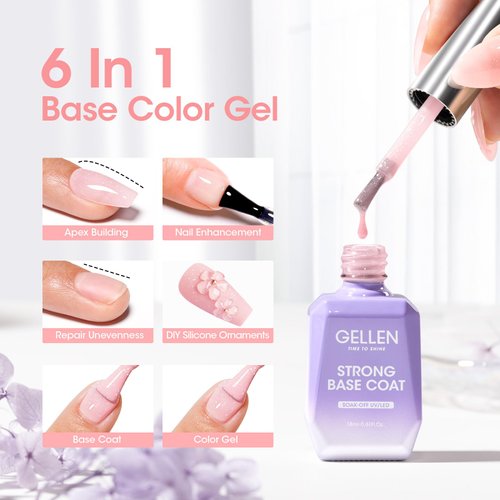 Gellen Rubber Gel Base for Nails, 6 in 1 Builder Strengthener Gel, Natrual Glitter Pink Base Coat Nail Polish,18ml Jelly Gel Nail Polish, UV Rubber Base Gel for Manicure, Nail Art, Salon Gift for Her