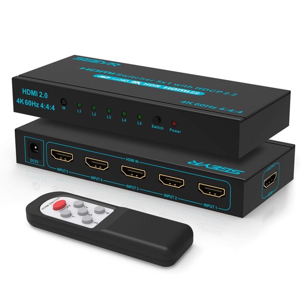 SGEYR 4K HDMI Switcher 5x1 with IR Remote, High-Speed 5 Port HDMI Selector Box 4K@60Hz Support HDR HDCP2.2 FR PS5, Xbox, Swoitch, Roku, Fire Stick - Streamline Your Gaming Setup(Black)