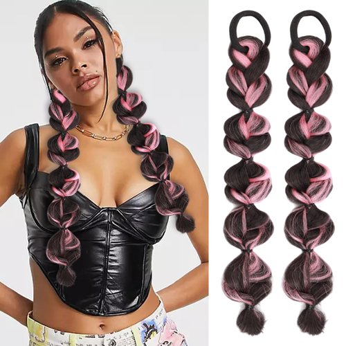 Braided Ponytail Extension with Hair Tie Pink and Black Bubble Wrap Around Pony Tail Hair Extensions 2 Pcs Natural Soft Elastic Hair Band Hairpieces Synthetic Hair Piece for Women Daily Wear