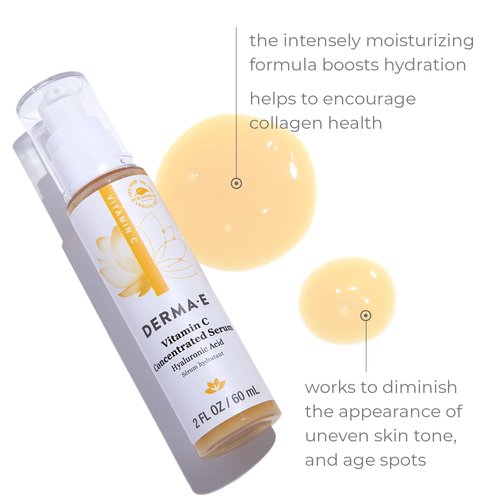 DERMA E Vitamin C Concentrated Serum with Hyaluronic Acid – All Natural, Antioxidant-Rich Concentrated Facial Serum – Firming and Brightening Skin Serum, 2oz