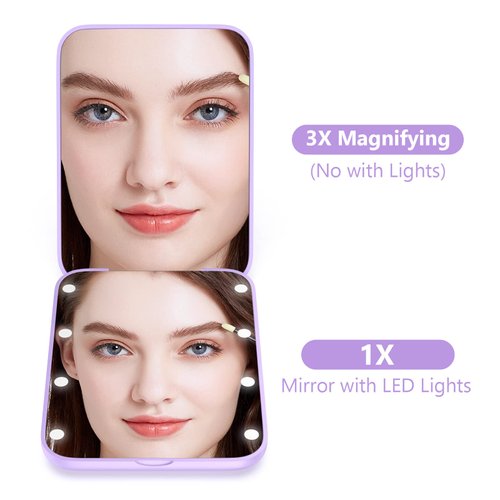 wobsion Compact Mirror, Magnifying Mirror with Light, 1x/3x Handheld 2-Sided Magnetic Switch Fold Mirror,Small Travel Makeup Mirror,Pocket Mirror for Handbag,Purse,Gifts for Girls(Purple)