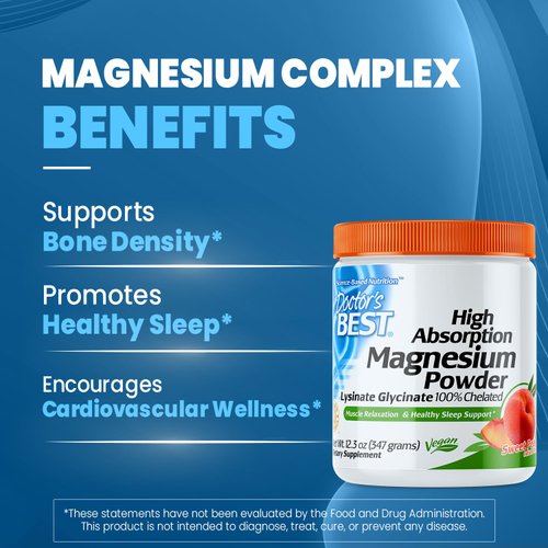 Doctor's Best High Absorption Magnesium Powder (Peach Flavored) 100% Chelated TRACCS, Not Buffered, Headaches, Muscle, Vegan, Peach Flavor, 12.3 Ounce (Pack of 1)