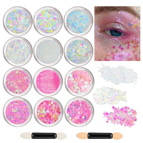 12 Colors Body Glitter Gel Set, Face Glitter Gel Makeup Festival Gel for Body, Hair Glitter Gel, Glitter Eyeshadow,Multi-Use & Mixable, Music Festival Essentials, Quick Dry Glitter Glue with Brushes