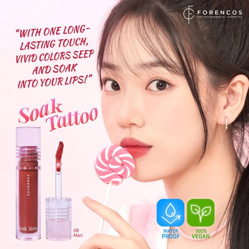 FORENCOS Soak Vegan Lip Tint/Stain, Water Gel Formula, Weightless & Non-sticky Finish, Vivid Color, Smudge-proof, Cruelty-Free, Korean Makeup, Waterproof, 0.11 oz (06 Mari)