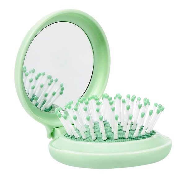 Arthaxi Mini Hair Brush for Purse, Travel Hair Brush with Mirror for Girls, Small Compact Mirror with Brush Pocket Size,Durable Brush and Mirror Combo as Gifts for Women, Vibrant Green, Round