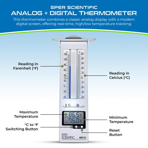 Sper Scientific Analog & Digital Min/Max Thermometer 800122 - Accurate Temperature Tracking, Weather-Resistant Design, Dual Display for Indoor & Outdoor Use, Ideal for Greenhouses, Labs & More - 2 pc