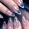 Rhinestones Press on Nails for Art with Diamond Design, Glossy Blue Gradient Medium Almond Acrylic False Nails Gel Glue on Nails Crystal Full Cover Fake Nails Stick on Nails for Women Girls 24Pcs