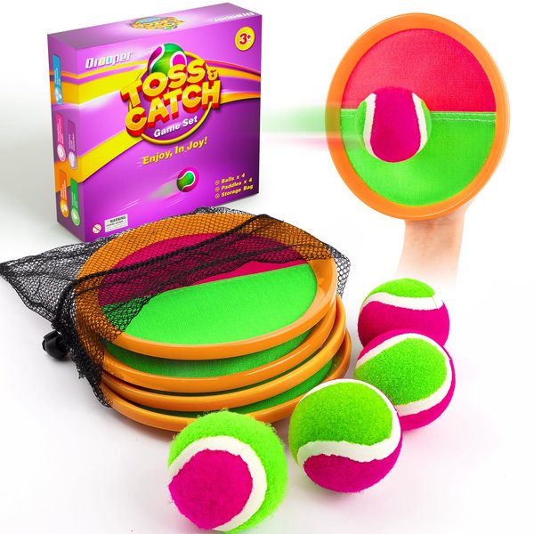Qrooper Kids Toys Toss and Catch Game Set, Ball Sports Games with 4 Paddles 4 Balls and 1 Storage Bag, Classic Outdoor Games, Beach Games, Yard Games, Stocking Stuffers, Kids Gift Ideal (Orange)