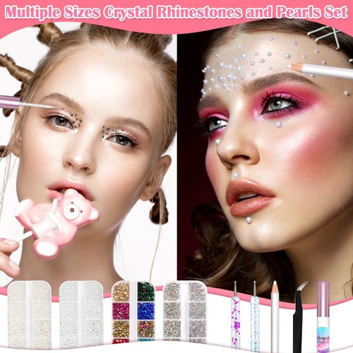 Billbotk 6645Pcs Face Rhinestones with Makeup Glue, Flatback Eye Gems Colorful Makeup Jewels with White Pearls for Face Eye Body, Nail Art, Hair, Craft Decoration