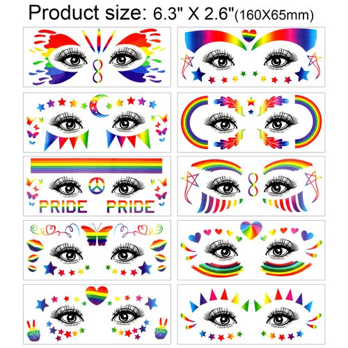 DPKOW 10 PCS Pride Face Rainbow Sticker LGBT Face Temporary Tattoo with Face Temporary Tattoo for Gay Pride Day Party Favors
