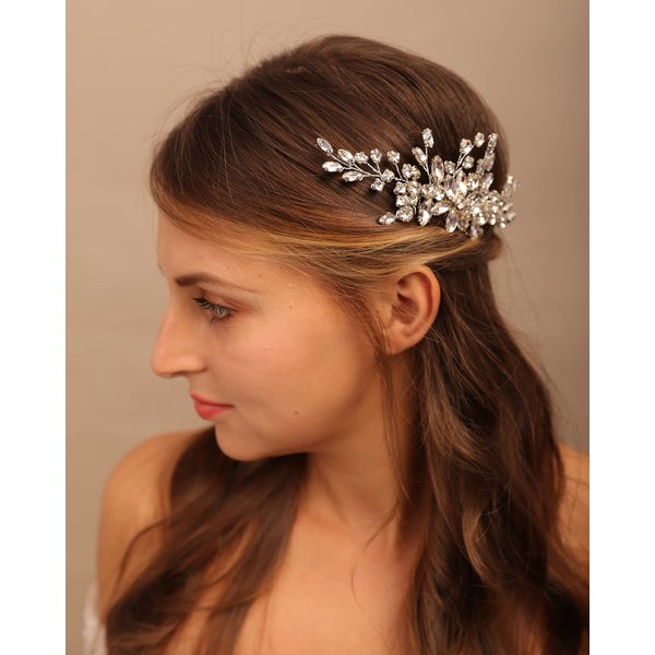 YERTTER Wedding Flower Comb Rhinestone Crystal Hair Side Comb Clip Updo Bridals Headpieces Crystal Wedding for Women Accessories for Brides and Bridesmaids (Silver)