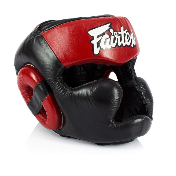 Fairtex HG13 Genuine Leather Boxing Headgear - MMA & Muay Thai Protection with Adjustable Straps and Multi-Layered Shock Absorption - Ideal for Boxing, Sparring, and Martial Arts(Black/Red/Medium)