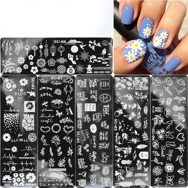 6 Pcs Nail Stamping Plates，Spring Summer Flower Nail Stamp Template Chrysanthemum Coconut Tree Leaf Nail Art Templates Nail Stamper Stencil Plates Set Manicure Nail Supplies