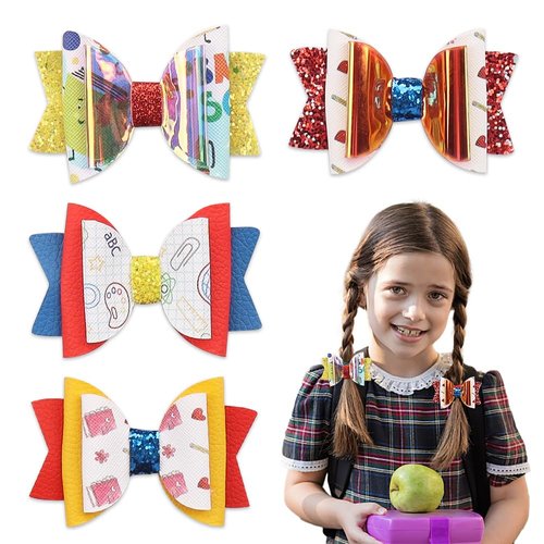 4pcs Back to School Hair Clips, Glitter School Hair Bows Flower Pen Blackboard Colorful Hair Bows for First Day of School Kindergarten Hair Accessories