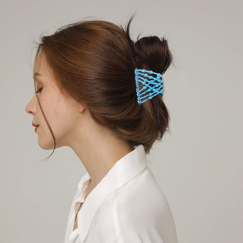 3 Pieces Elastic Magic Hair Comb Stretchy Double Comb Hair Forks Clips for Women Beaded Hairpins Girls Vintage Hairstyle Multipurpose Hair Accessories (Black Blue White)
